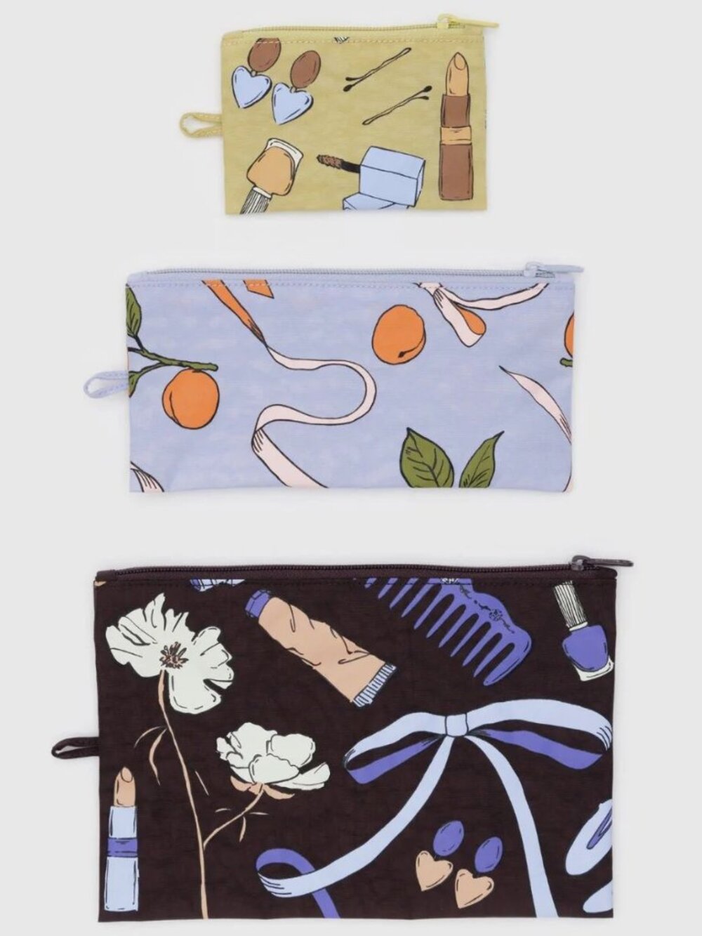 NWT Baggu Flat Pouch Set - Get Ready With Me (Apricots & Ribbons, Chocolate Plum
